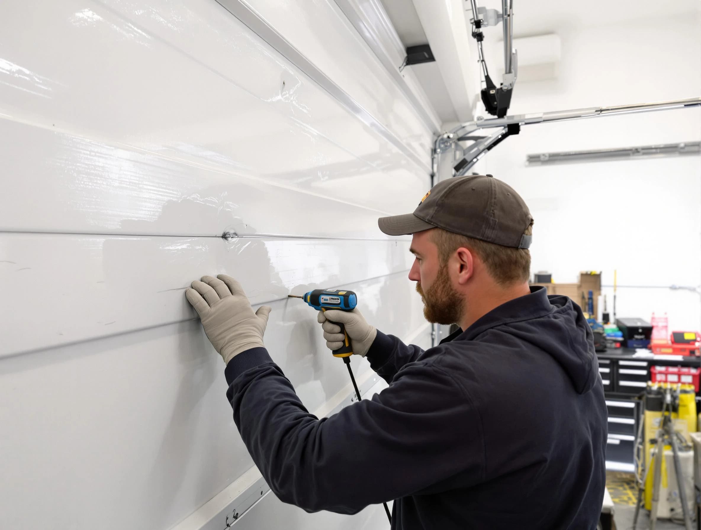 Clarksville Garage Door Repair technician demonstrating precision dent removal techniques on a Clarksville garage door