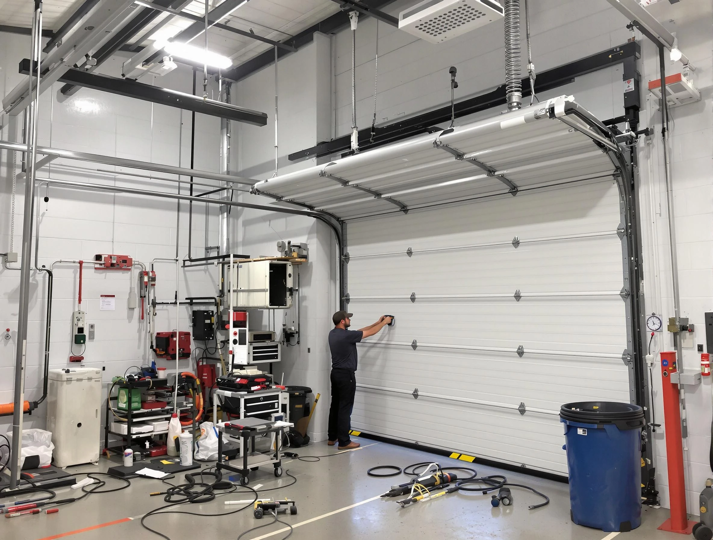 Clarksville Garage Door Repair certified technician performing commercial door repair at a Clarksville business facility