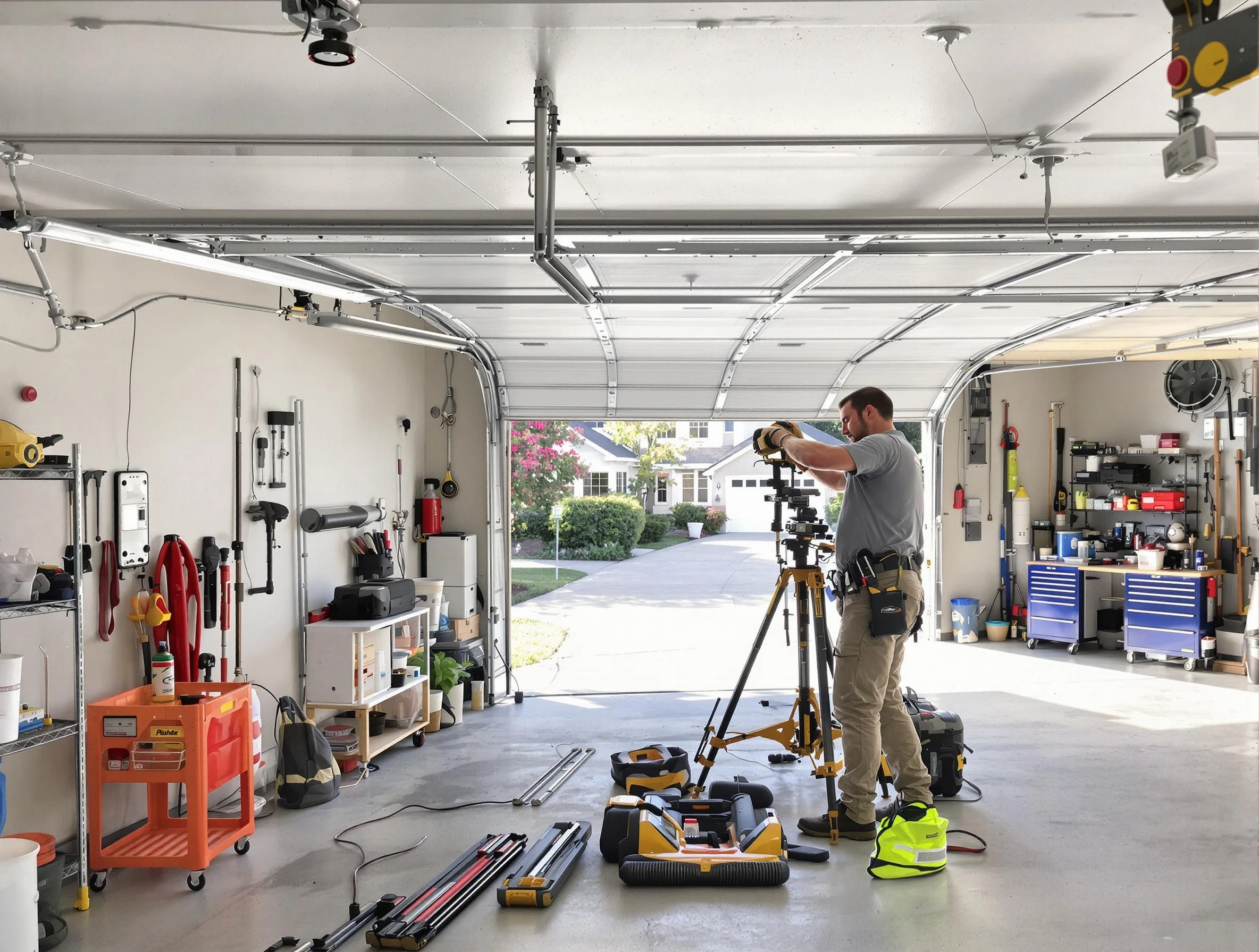 Clarksville Garage Door Repair specialist performing laser-guided track alignment in Clarksville